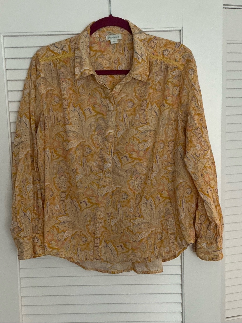 Sundance Yellow Paisley Button-Front Blouse size PL  boho floral hippie cotton